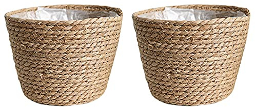 Koomuao 2er Set Korb Geflochten,Pflanzkorb Blumenkorb Geflochten Seegras Korb Pflanzenkörbe,Übertöpfe Blumentopf Geflochten für drinnen und draußen (A, Mittel)