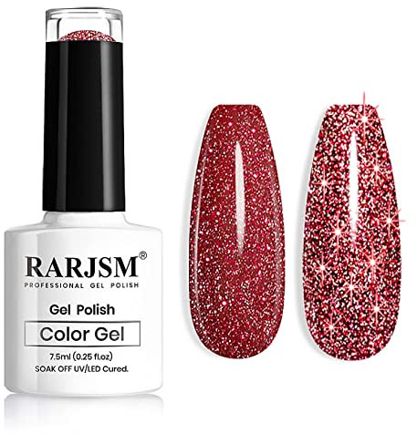 RARJSM Diamond Glitter GelPolish,Dark Red Gel Nail Polish,Chunky Gel Glitter Polish Soak Off UV LED Nail GelPolish Nail Art Starter Manicure Salon DIY at Home Curing Require Single Bottle 7.5ml
