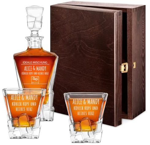 Maverton 950 ml Whiskey Karaffe + 2/4 / 6er Whiskygläser Set mit Gravur - Whisky Dekanter - luxuriöses Design - Kristallglas - für Paar - zur Hochzeit - zum Hochzeitstag - Kühl