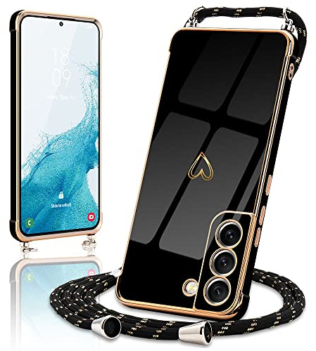 Micoden for Samsung S22 Case Crossbody Lanyard with Cord Neck Strap Cute Heart for Girls Women Holder with Necklace Silicone Shockproof Cover for Samsung Galaxy S22 5G Black