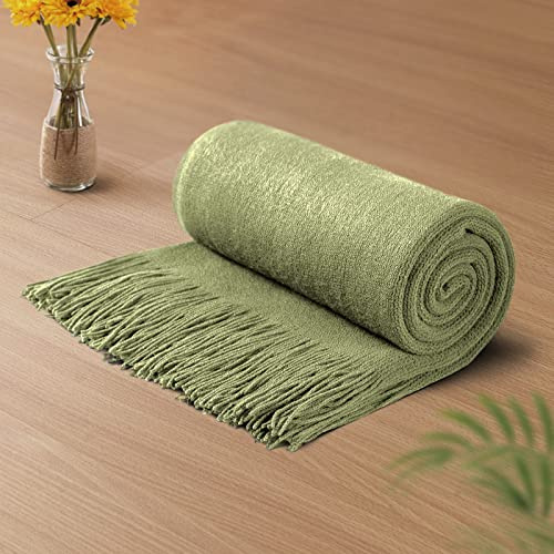 Vonty Olivgrüne Strickdecke mit Quasten, Fransen, 127 x 152,4 cm, superweiche Strick-Überwurfdecke, Bauernhaus, dekorative, leichte Decke für Couch, Sofa, Bett