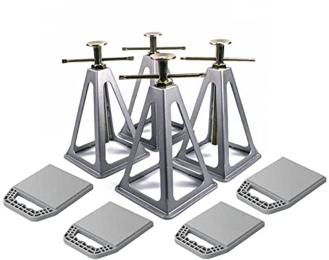 Juego de 4 caballetes de apoyo de aluminio, 28-43 cm, 4 x 900 kg, incluye placas de apoyo para caravanas, autocaravanas