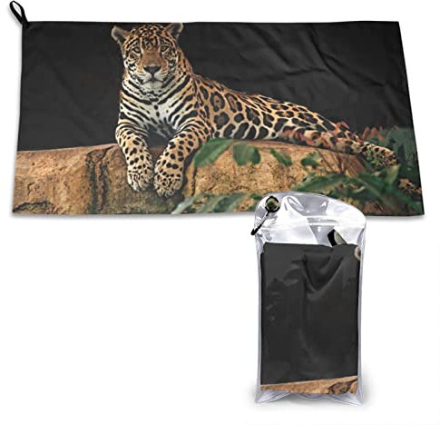 AROONS Schnell trocknendes Handtuch mit Tasche – Afrikanische Wildtiere Leopard auf Felsen, bedruckt, super saugfähig, Mikrofaser, Reise-Sporthandtücher, 80 x 40 cm