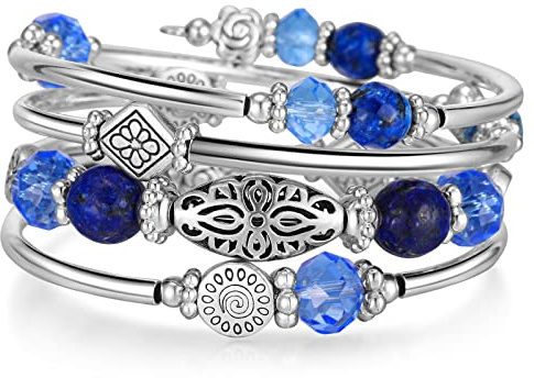 FULU AUTUMN Bracelet en Perles Argent pour Femmes Bracelet Enveloppant en Pierre Multicouches Un Cadeau de Bijoux Fantaisie pour Maman le Jour de Thanksgiving - Boîte Cadeau(Saphir)