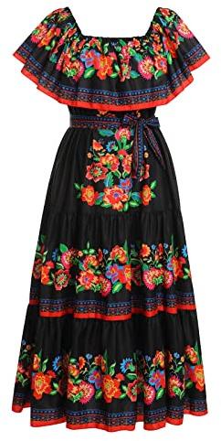FYMNSI Abito messicano da donna con spalle scoperte, abito lungo da sera con fiori, maxi abito da spiaggia, per il tempo libero, da festa, S-3XL, Nero , XL