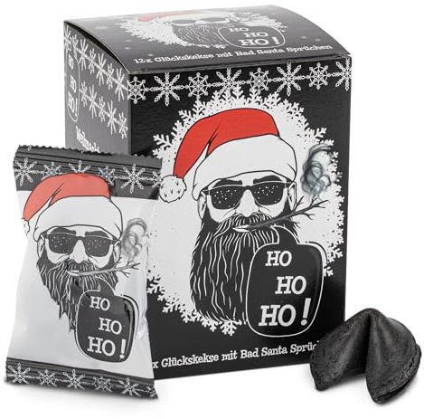FOOD crew 12x Weihnachtsglückskekse Bad Santa – schwarze Glückskekse mit Vanille & lustigen Anti-Weihnachts-Sprüchen – Adventskalender-Füllung & Wichtelgeschenk, vegan
