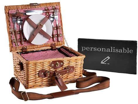 eGenuss Personalisierter Picknickkorb für 2–4 Personen – Weide + Futterstoff (Rot/Blau/Grün) – Gravur auf Körbchen, Teller, Gläser, Schieferplatte & Lederschild – Geschenk Hochzeit/Jahrestag