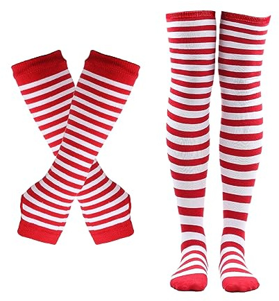 SUNTRADE Damen Mädchen Cosplay Gestreifte Kniestrümpfe Beinwärmer Fingerlose Handschuhe Set (Rot-Weiß)
