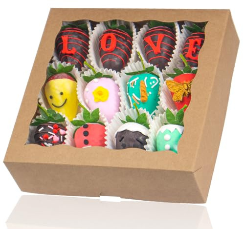 TEMLQPACK 25pcs 9x9x2.5 Inches Brown Bakery Boxes with Window for Cookies, Macaron, Chocolate Covered Strawberries, Mini Cake, Truffle, Brownie, Donut, Small Treat