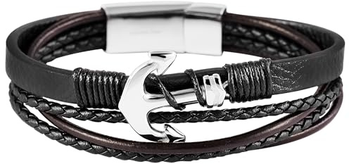 Akzent Aimee Unisex-Armband Leder Edelstahl Damen Herren Anker Länge Magnetverschluss Maritim Trend schwarz