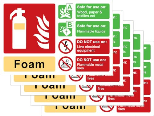 Pack of 5, 165mm x 110mm Foam Fire extinguisher label, self adhesive vinyl sign