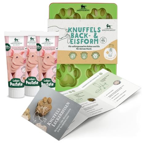 Knuffelwuff Hundekekse und Hundeeis Set mit 3 Silikonformen, Rezepten und Tubensnack Leber-Pastete - Hitzebeständigkeit von -40°C bis 220°C - Perfekt für Hundetraining