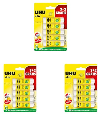 UHU Stic 5x8.2g colla per bambini, sicura da usare per i lavoretti, adatta per la scuola, l'ufficio, l'università (Confezione da 3)