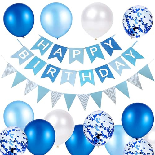 Luftballons Geburtstag Dekoration Set, blau weiße Geburtstagsdeko Happy Birthday deko Banner Party Deko Geburtstag Set mit Luftballons Konfetti Ballons Dreiecksflaggen Girlanden（Blau+PT)