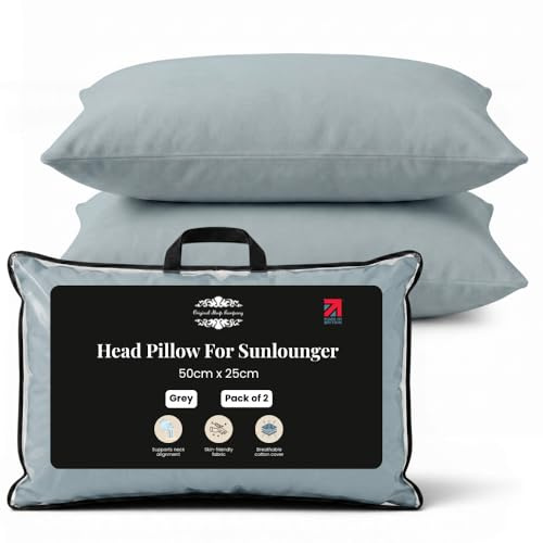 Original Sleep Company Sun Lounger Pillow – Adjustable Garden Chair Headrest for Sunbed, Recliner & Deck Chair, Outdoor Cushion, 50cm x 25cm Cream, Pack of 1 (Grey, Pack of 2)