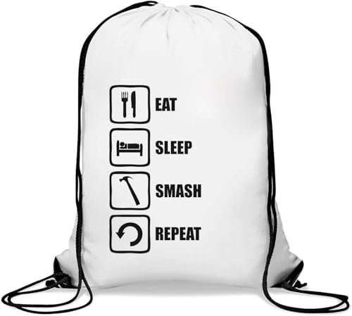 Eat Sleep Smash Repeat Hammer Gym Sack Casual Drawstring Bag White, weiß, Einheitsgröße