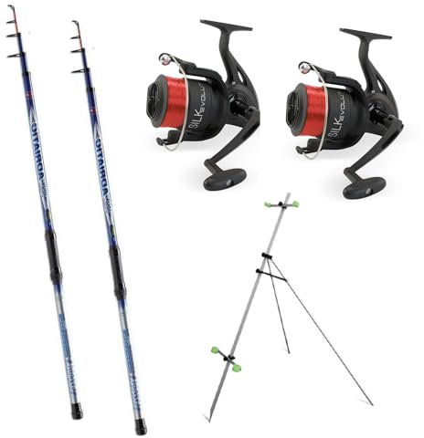 2 Sea Fishing Rods 3.9m, 2 Vigor Evolution Silk Reels, Aluminium Tripod Beach Caster Set Telescopic Rod & Reel Set Beach Casting Tripod Set