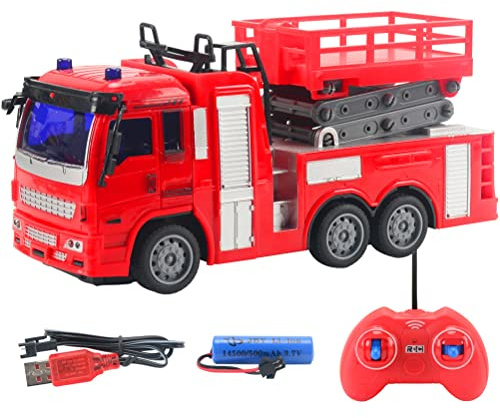 BSTCAR Telecomandato camion dei pompieri giocattolo con luci LED, RC camion dei pompieri auto giocattolo spruzzando acqua auto camion di salvataggio (Camion dei pompieri telecomandato