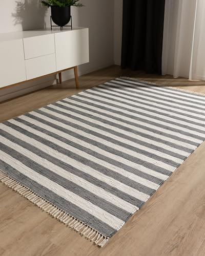 benuta Pop Alfombra Algodón Tom - Gris/Crema 70x120 cm - Tejida a Mano para Dormitorio, Sala de Estar y Salon - 100% Reciclado - Apta para Suelos radiantes