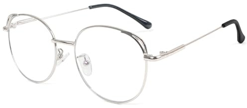 MMOWW Anti Blaulicht Lesebrille Damen Herren, Katzenohr Runde Metall Frame Retro Lesehilfen Anti Müdigkeit Mode Brille (Silber, +1.5)
