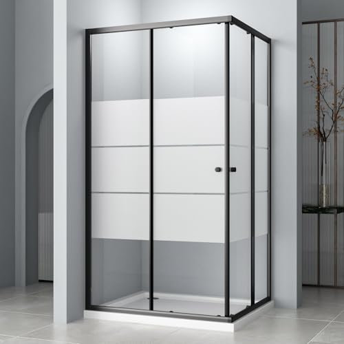 Schwarz Gestreift Duschkabine Eckeinstieg 80x100x185cm, Duschkabine Eckeinstieg mit Schiebetüren Duschkabine Duschabtrennung-glas 6mm ESG Sicherheitsglas, LINKS & RECHTS MONTIERBAR
