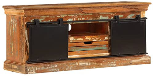 CINDERFUL Meuble TV 110 x 30 x 45 cm Bois de récupération Massif,Meuble TV Bois Industriel avec rangements Portes coulissantes métalliques Vintage Meubles TV, Banc TV