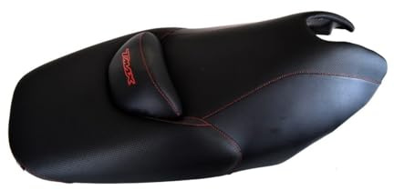 Moto Discovery Funda de Asiento Compatible con Yamaha T-MAX 500 2001-2007 Color Negro con Costuras Rojas y Logo Rojo