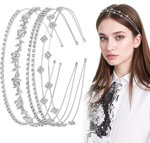 Sorcristy Lot de 4 serre-têtes en strass pour femme, diadème de mariée en cristal, accessoires pour cheveux, couronne de fleurs en cristal, couronne de feuilles, diadème en métal (argenté)