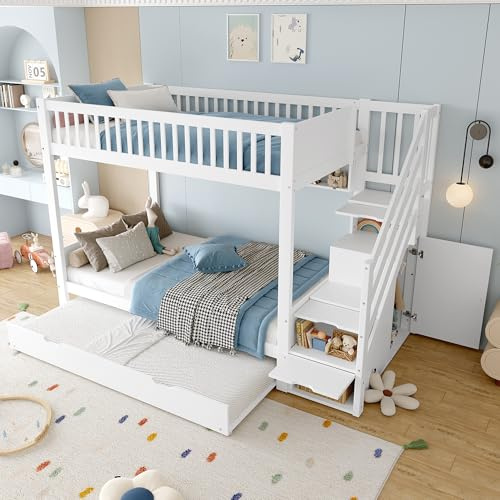 Moimhear Litera (sin colchón), cama infantil, con cama nido, con estantería, con armario, con compartimento de almacenamiento, 90 x 200 cm, color blanco