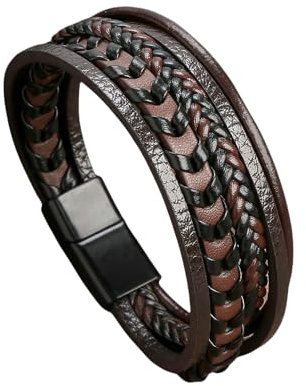 HUIANGLIYG Bracciale Cuoio Uomo,Bracciale da Uomo in Pelle Multistrato, intrecciato A Mano, con Fibbia, Classico Bracciale da Lavoro, per Regali di Compleanno per La Festa Del Papà, Marrone, 19 Cm
