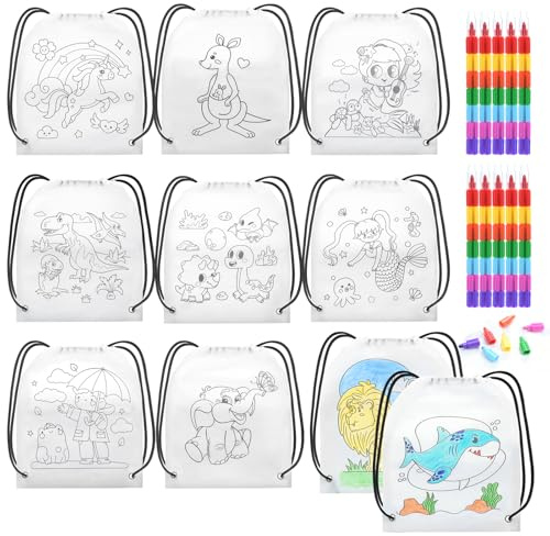Jukibole Stofftaschen für Kinder, 10 einziehbare Taschen und stapelbare Wachsstifte (10 Farben 1) Taschen für Kinderferien, Geburtstagsfeiern