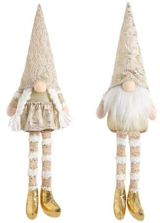 Gonks natalizi seduti, confezione da 2 gnomi dorati da 40 cm, con gambe lunghe da appendere, fatte a mano, per mensole, corridoi, camini, scrivanie, decorazioni per interni e vacanze