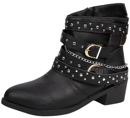 JXpxbao Damen Stiefeletten Biker Boots - Stiefel Mit Nieten Blockabsatz - Bequeme Herbst Winter Frauen Schuhe Schnallen Vintage Cowboy Stiefel Damen Ankle Boots Frauen Combat Booties (Schwarz,40)