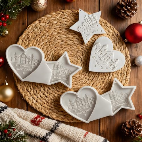 Silikonformen Gießformen Weihnachten, 4 Stück Silikonform Weihnachten Anhänger Tannenbaum Stern Gipsformen zum Gießen Gießform Herz Anhänger Weihnachten Giessformen Zum Gießen