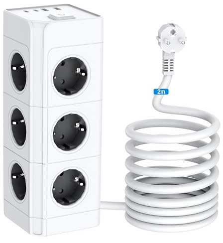 Ciabatta 12Ciabatta Multipr (2 USB-A + 2 USB-C), 230V/16A, 3680W, cavo 2m – Torre multipresa verticale con protezione da sovraccarico e sicurezze bambini, ciabatta multipresa per casa, ufficio, cucina