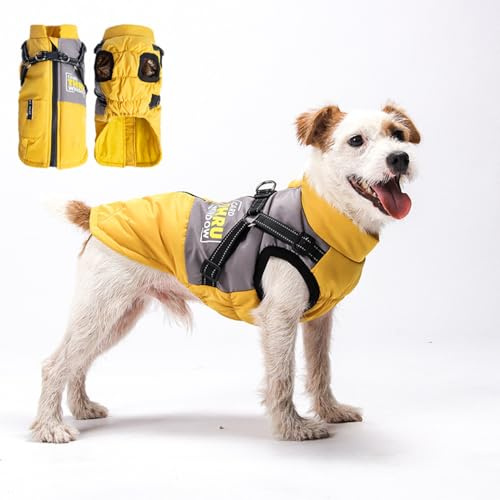 Hundemantel Winter Hundejacke Haustier Skifahren Kostüm Wasserdicht & Winddicht,Ärmellose Baumwolle Gepolsterte Weste mit Reflektoren Reißverschluss(Gelb, S)