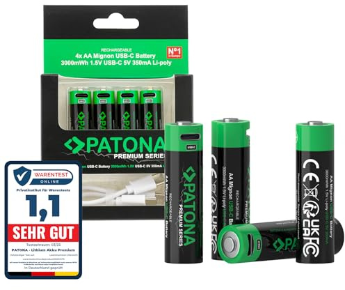 PATONA 8X Premium Mignon AA Batterie, 3000mWh 1.5V, Rechargeable Via USB-C | Recharge via USB-C 350mA, câble-USB-C 1-à-2, plus de 1000 cycles de charge, pour appareils photo et télécommandes