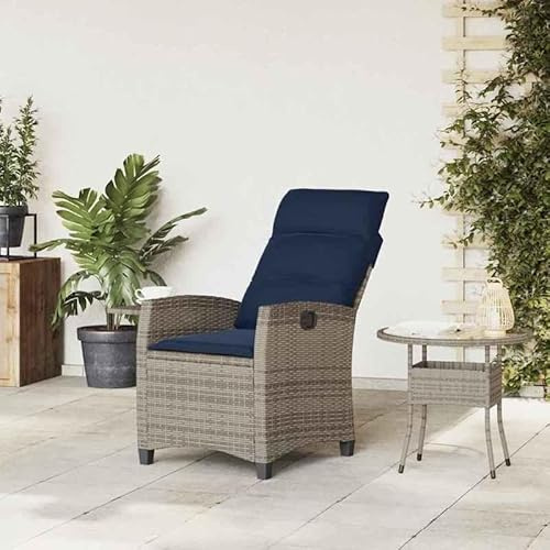 Eleganz Gartensessel mit Beistelltisch Grau - Verstellbarer PE-Rattan Sessel mit pulverbeschichtetem Stahl - Gemütlicher Gartensitz für Balkon und Terrasse