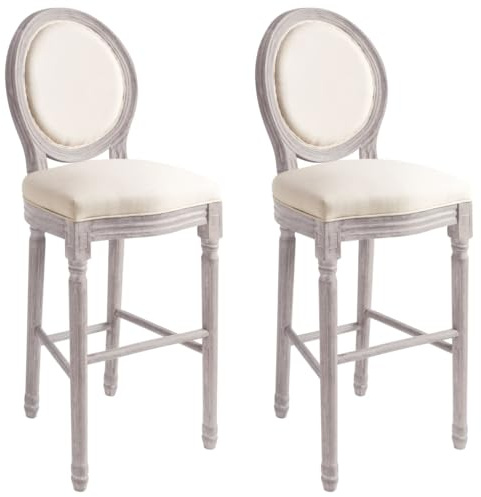 Owoxanthellate Juego de 2 taburetes barrocos de 48 x 52 x 123 cm, lino blanco crema con marco de madera maciza, cómodos taburetes de cocina, soportan hasta 110 kg, para cocina, comedor, casa y bar