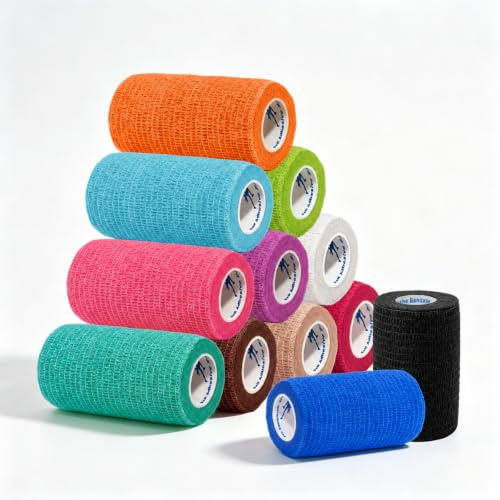 ANAMPION 12 Rolls Self-Adhesive Football Sock Tape 7.5cm x 4.5m(Mix Color) | Self Adherent Cohesive Bandages Wrap First Aid Athletic Sports Tape for Wrist Ankle Pet & Vet Wrap for Dogs, Horse