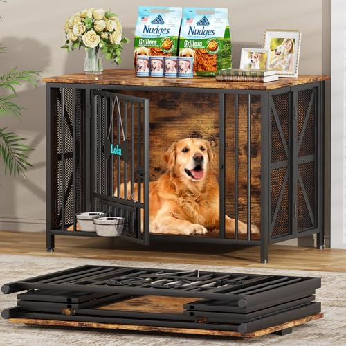 AMLANCHER Faltbarer Großer Hundekäfig Möbel für M/L/XL Hunde, 105cm Montagefreie Holz Indoor Hundebox für Zuhause, mit Hundenäpfen & Namensschild, als Beistelltisch & TV-Ständer, 105x65x72cm, Braun