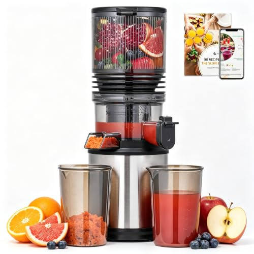AMZCHEF Cold Press Juicer, Self-Feeding Juicer with 160mm Wide Chute & 2L Hopper for Whole Fruits and Vegetables, Powerful DC Motor & Triple Filter, High Juice Yield, Easy to Clean, Stainless Steel