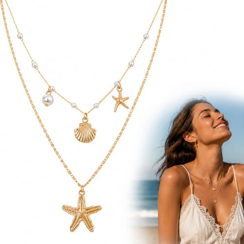 BIVYAX 1 Collar de Conchas con Estrella de Mar y Perla, Doble Capa en Acero Inoxidable y Perlas, Chapado en Oro 14K y Resistente al Agua, para la Playa, Verano, Festivales de Música, Fiestas y Viajes