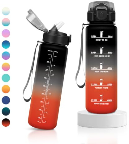 JAPORIA Trinkflasche 1L, Trinkflasche mit Zeitmarkierung, Wasserflasche mit Strohhalm, Kohlensäure Geeignet, Sportflasche für Gym, Fahrrad, Büro, Schule, Outdoor, Erwachsene