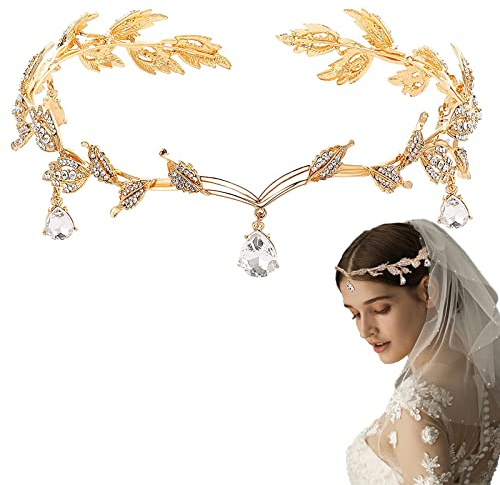 DonLeeving Elegant Rhinestone Leaf Tiara and Crown with Crystal Pendant for Bride, Bridesmaid, Birthday, and Cosplay, 1 Count (Pack of 1), Alloy, Rhinestone