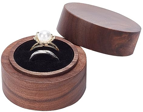FINGERINSPIRE Runde Holz Ringbox Für Paare Mit Schwarzem Samt Innen 5x3.55 cm Kaffeefarbene Holz Schmuck Ringbox 2 Fächer Ring Geschenkbox Für Heiratsantrag Verlobung Hochzeit Valentinstag