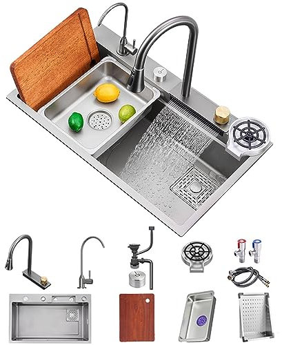 FIVIXIL Lavello da cucina Lavello singolo a pioggia volante Lavastoviglie con rubinetti estraibili, lavatazze a pressione, tagliere, cestello di scarico e altri accessori (75 * 45 * 21cm, Grigio)