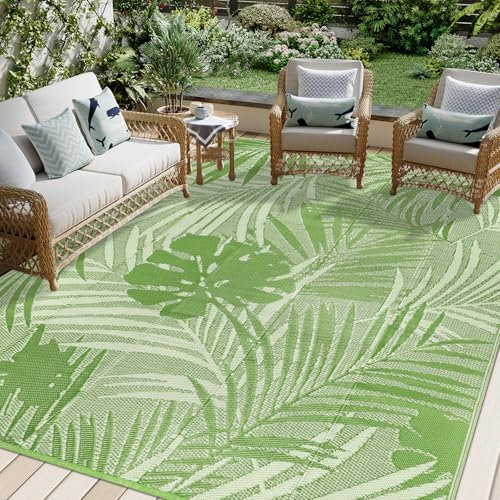 Famibay Tappeto per Esterno Motivo a Foglie Verdi Elegante Tappeto Impermeabile Eeversibili e Resistente ai Raggi UV per Giardino, Patio, Spiaggia, Picnic, Campeggio, Cortile 245 x 305 cm