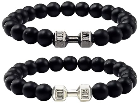 2 pares de pulseras mate, pulseras de perlas, pulseras de mancuernas, regalos de heavy metal, regalos de fitness para hombres y mujeres, pulseras de yoga, pulseras calmantes (negro)