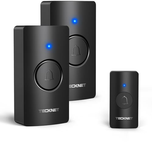 TECKNET Funkklingel 2 Empfänger, 400m Reichweite IP67 Funkklingel aussen wasserdicht, Funkklingel Batteriebetrieben, 5 Lautstärkestufen, 60 Melodien mit 4,5 Jahren Batterielebensdauer, Schwarz